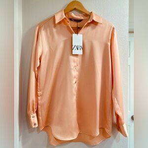 NWT Zara Women's Silky Peach Button Down Shirt Size XS